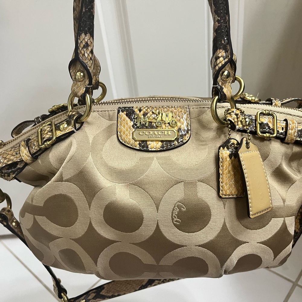COACH 18650 MADISON OP ART SATEEN SOPHIA HAND BAG LIGHT Beige AND PYTHON.